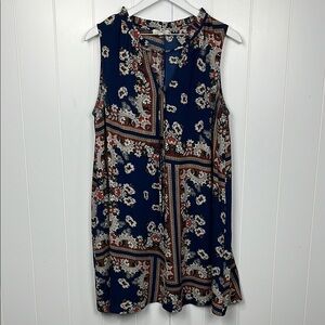 Umgee Womens Tunic L Navy/Cream Pullover Vneck Gauzy Ruffle Neckline Boho Casual